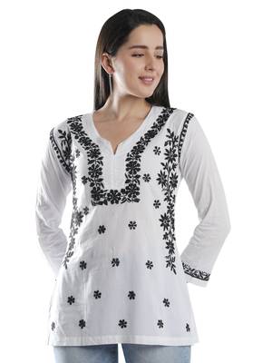 Hand Embroidered White Cotton Lucknowi Chikankari Kurti 1