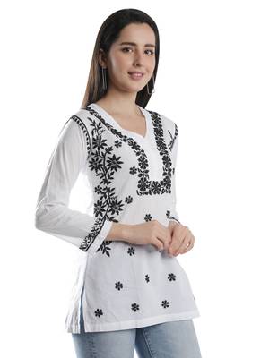 Hand Embroidered White Cotton Lucknowi Chikankari Kurti 3