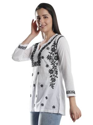Hand Embroidered White Cotton Lucknowi Chikankari Kurti 4