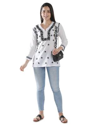 Hand Embroidered White Cotton Lucknowi Chikankari Kurti 5