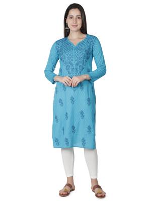Seva Chikan Hand Embroidered Blue Cotton Lucknowi Chikankari Kurti 1