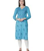 Seva Chikan Hand Embroidered Blue Cotton Lucknowi Chikankari Kurti