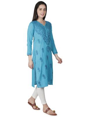 Seva Chikan Hand Embroidered Blue Cotton Lucknowi Chikankari Kurti 3