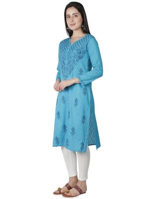 Seva Chikan Hand Embroidered Blue Cotton Lucknowi Chikankari Kurti 4