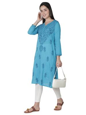 Seva Chikan Hand Embroidered Blue Cotton Lucknowi Chikankari Kurti 5