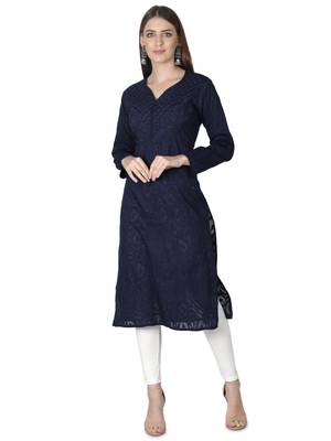 Seva Chikan Hand Embroidered Navy Blue Cotton Lucknowi Chikankari Kurti 1