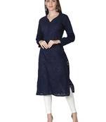 Seva Chikan Hand Embroidered Navy Blue Cotton Lucknowi Chikankari Kurti