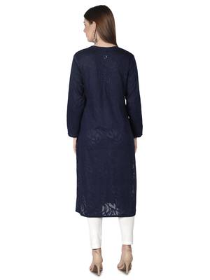 Seva Chikan Hand Embroidered Navy Blue Cotton Lucknowi Chikankari Kurti 2
