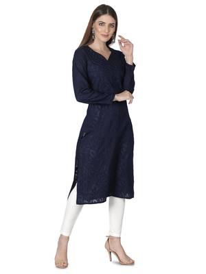 Seva Chikan Hand Embroidered Navy Blue Cotton Lucknowi Chikankari Kurti 3