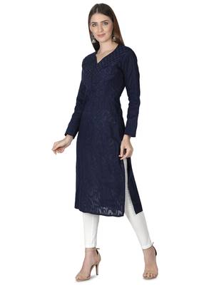 Seva Chikan Hand Embroidered Navy Blue Cotton Lucknowi Chikankari Kurti 4