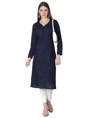 Seva Chikan Hand Embroidered Navy Blue Cotton Lucknowi Chikankari Kurti 5