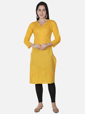 Seva Chikan Hand Embroidered Yellow Cotton Lucknowi Chikankari Kurti 1