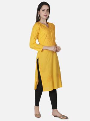 Seva Chikan Hand Embroidered Yellow Cotton Lucknowi Chikankari Kurti 3