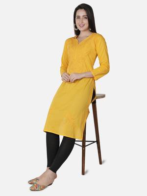 Seva Chikan Hand Embroidered Yellow Cotton Lucknowi Chikankari Kurti 5