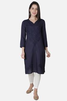 Hand Embroidered Dark Blue Cotton Lucknowi Chikan Kurti