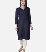 Hand Embroidered Dark Blue Cotton Lucknowi Chikan Kurti