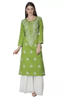 Seva Chikan Hand Embroidered Green Cotton Lucknowi Chikankari Kurti