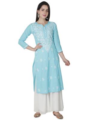 Hand Embroidered Blue Cotton Lucknowi Chikankari Kurti 1