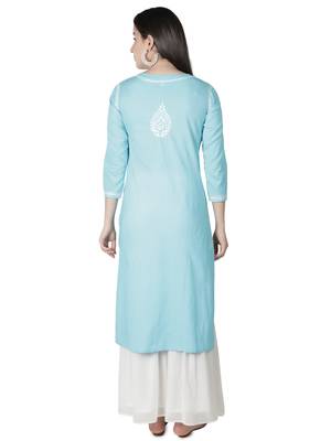 Hand Embroidered Blue Cotton Lucknowi Chikankari Kurti 2