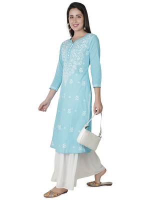 Hand Embroidered Blue Cotton Lucknowi Chikankari Kurti 4