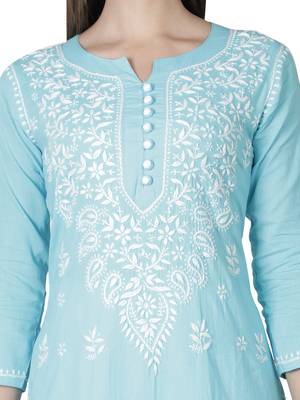 Hand Embroidered Blue Cotton Lucknowi Chikankari Kurti 5