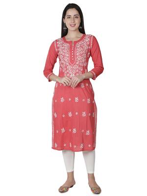 Hand Embroidered Carrot Pink Cotton Lucknowi Chikankari Kurti 1