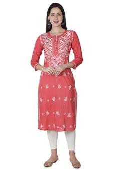 Hand Embroidered Carrot Pink Cotton Lucknowi Chikankari Kurti