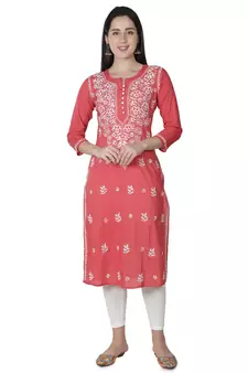 Seva Chikan Hand Embroidered Carrot Pink Cotton Lucknowi Chikankari Kurti