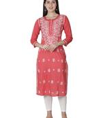 Hand Embroidered Carrot Pink Cotton Lucknowi Chikankari Kurti