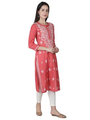 Hand Embroidered Carrot Pink Cotton Lucknowi Chikankari Kurti 3