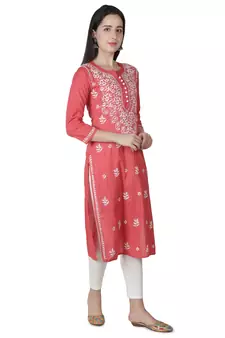 Hand Embroidered Carrot Pink Cotton Lucknowi Chikankari Kurti