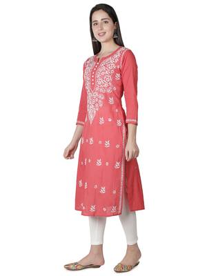 Hand Embroidered Carrot Pink Cotton Lucknowi Chikankari Kurti 4