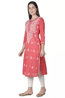 Hand Embroidered Carrot Pink Cotton Lucknowi Chikankari Kurti