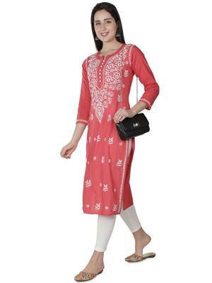 Hand Embroidered Carrot Pink Cotton Lucknowi Chikankari Kurti 5