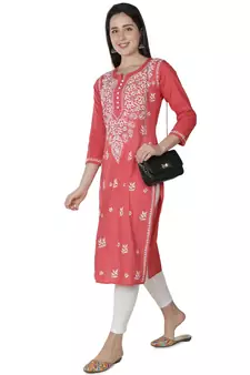 Hand Embroidered Carrot Pink Cotton Lucknowi Chikankari Kurti