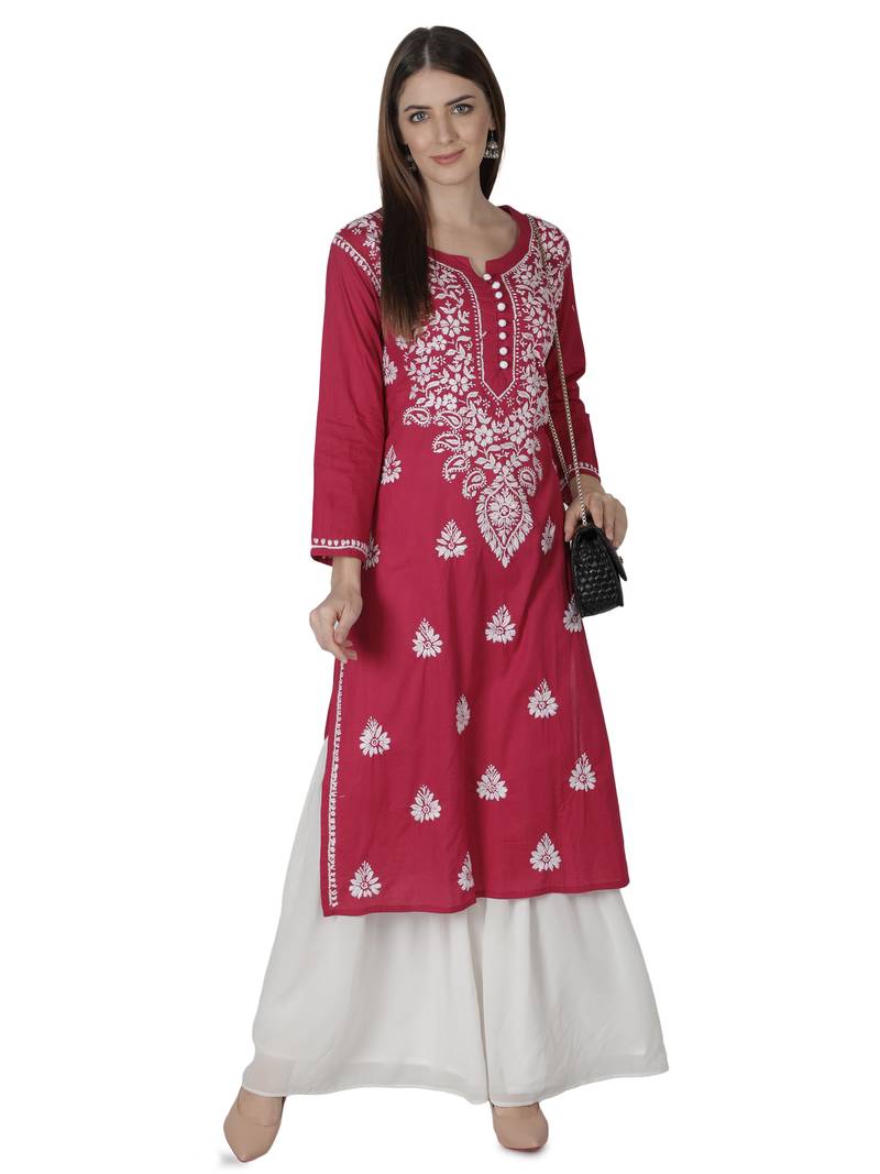 Hand Embroidered Magenta Cotton Lucknowi Chikankari Kurti