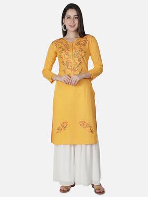 Hand Embroidered Yellow Cotton Lucknowi Chikankari Kurti 1