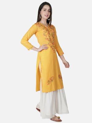 Hand Embroidered Yellow Cotton Lucknowi Chikankari Kurti 3