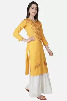 Hand Embroidered Yellow Cotton Lucknowi Chikankari Kurti