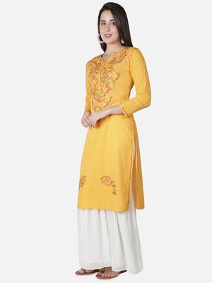 Hand Embroidered Yellow Cotton Lucknowi Chikankari Kurti 4