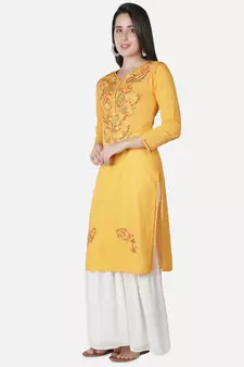 Hand Embroidered Yellow Cotton Lucknowi Chikankari Kurti