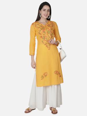 Hand Embroidered Yellow Cotton Lucknowi Chikankari Kurti 5