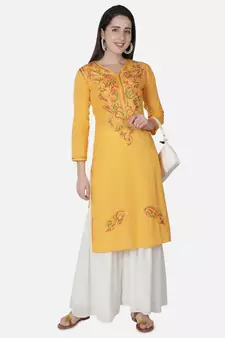Hand Embroidered Yellow Cotton Lucknowi Chikankari Kurti