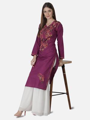 Seva Chikan Hand Embroidered Purple Cotton Lucknowi Chikankari Kurti 5