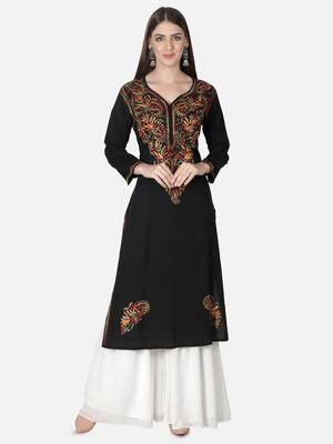 Hand Embroidered Black Cotton Lucknowi Chikankari Kurti 1