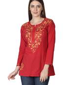 Hand Embroidered Red Cotton Lucknowi Chikankari Kurti