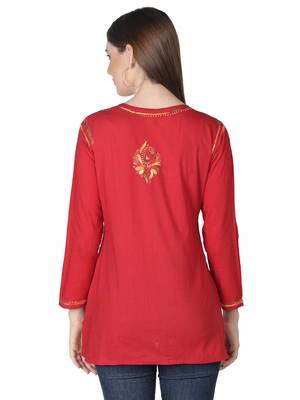 Hand Embroidered Red Cotton Lucknowi Chikankari Kurti 2