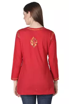 Hand Embroidered Red Cotton Lucknowi Chikankari Kurti