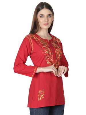 Hand Embroidered Red Cotton Lucknowi Chikankari Kurti 3