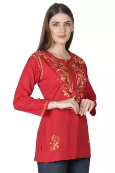 Hand Embroidered Red Cotton Lucknowi Chikankari Kurti
